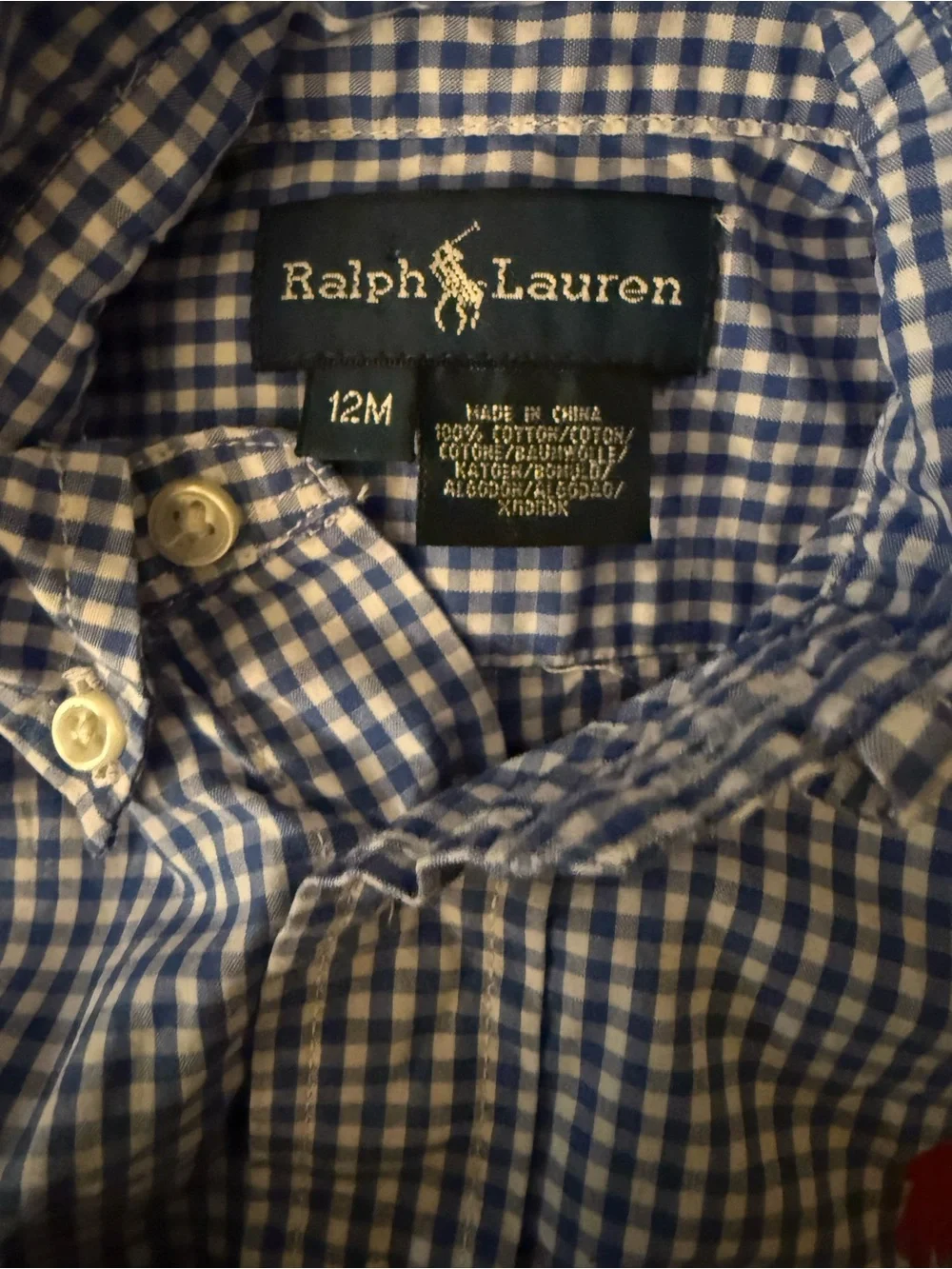 Ralph Lauren Toddler Blue Gingham Button-Down Shirt with Red Polo Logo